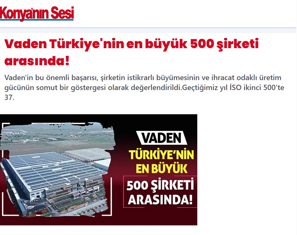 Vaden Among Turkey’s Top 500 Largest Companies!
